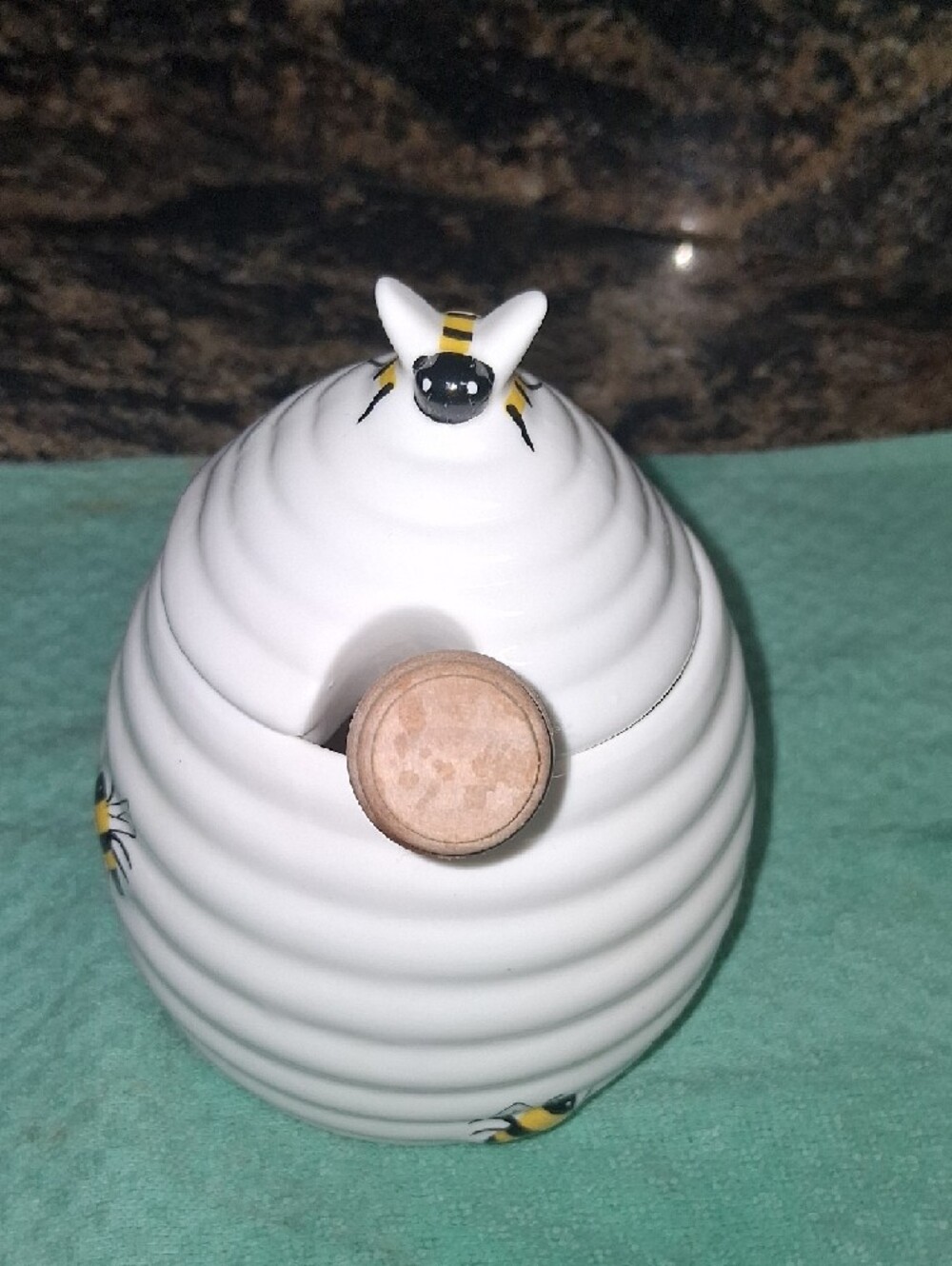 Ceramic White Bee Honey Pot with Wooden Dipper - Picture 3 of 9